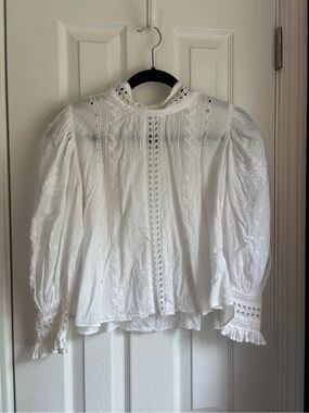 LoveShackFancy White Eyelet Lace Puff-Sleeve Blouse